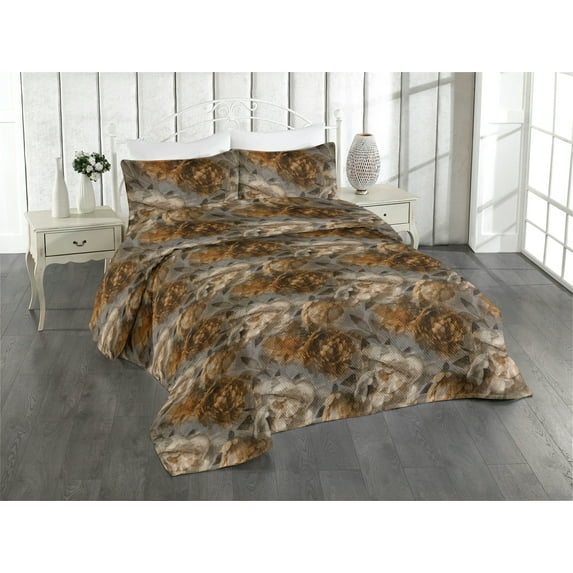 Ambesonne Floral Quilted Bedspread Set 3 Pcs, Vintage Feels Peony Flowers, Twin, Dimgray Ginger and Warm Taupe