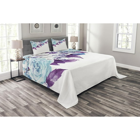 Ambesonne Floral Quilted Bedspread Set 3 Pcs, Vintage Flower Petals, King Size, Pale Blue Purple