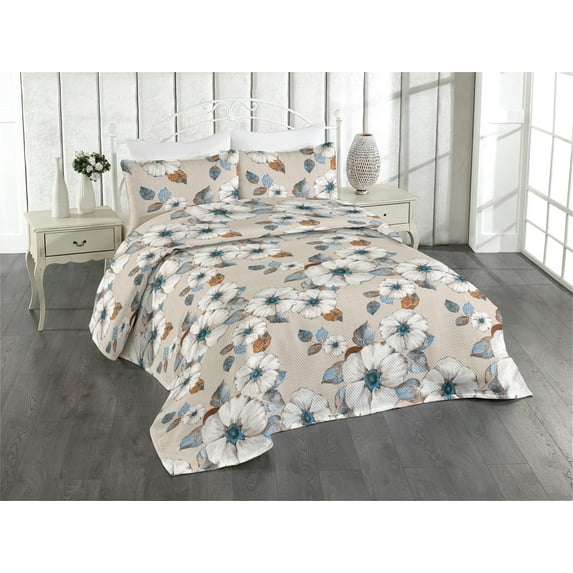 Ambesonne Floral Quilted Bedspread Set 3 Pcs, Vintage Flowers Springtime, Queen, Tan Ginger Sea Blue
