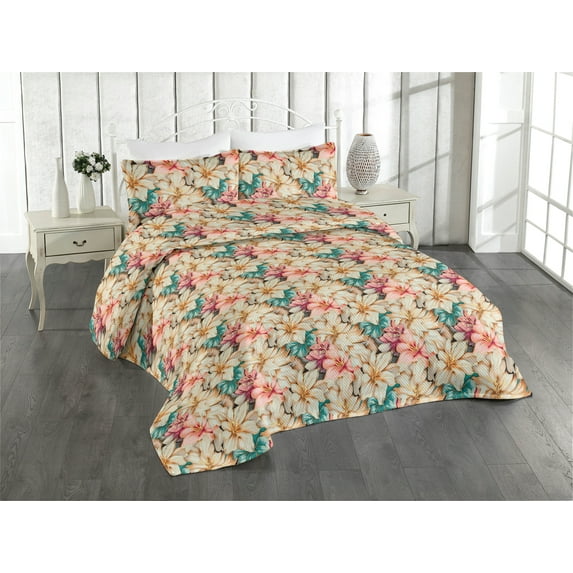 Ambesonne Floral Quilted Bedspread Set 3 Pcs, Vintage Lily Flower Pattern, Twin, Almond Rose Turquoise
