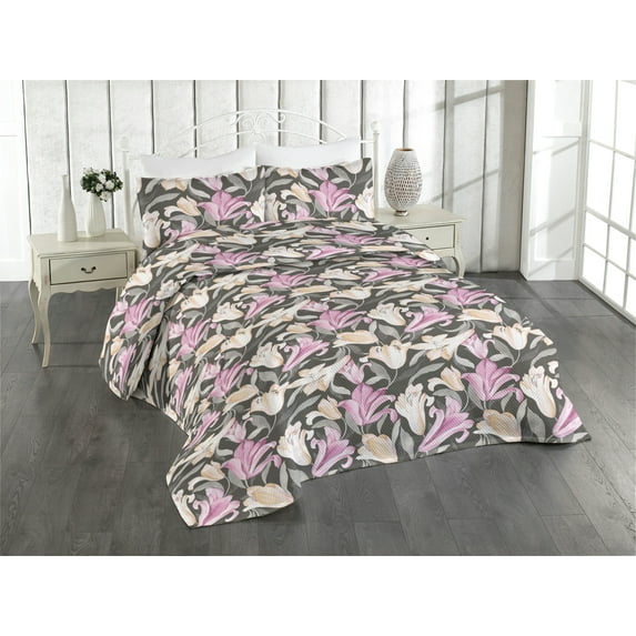 Ambesonne Floral Quilted Bedspread Set 3 Pcs, Vintage Lily Flowers Bloom, King, Grey Pink and Peach