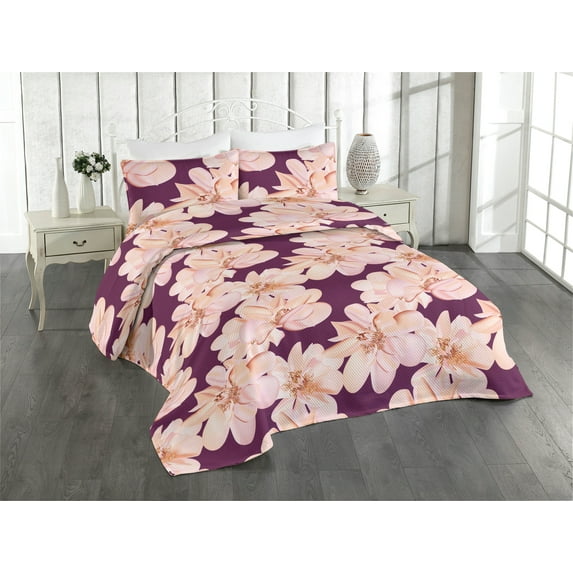 Ambesonne Floral Quilted Bedspread Set 3 Pcs, Vintage Pastel Rose Pattern, Twin, Peach Blush and Plum