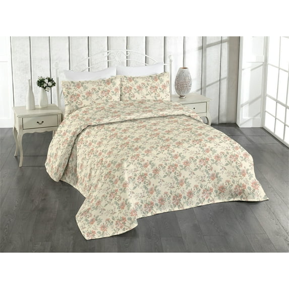 Ambesonne Floral Quilted Bedspread Set 3 Pcs, Vintage Peony Leaves Pattern, Twin, Grey Yellow Blush