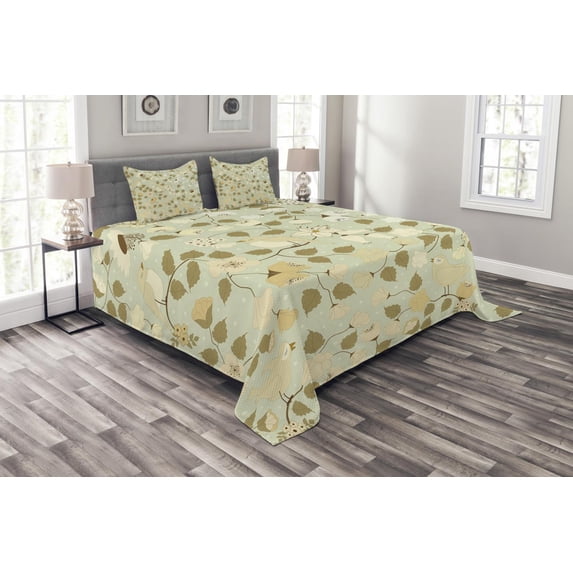 Ambesonne Floral Quilted Bedspread Set 3 Pcs, Vintage Retro Swirls, Queen Size, Pistachio Green White