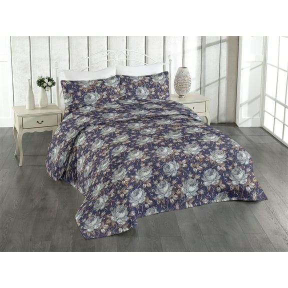 Ambesonne Floral Quilted Bedspread Set 3 Pcs, Vintage Romantic Roses Print, King, Dark Violet Marigold and Grey
