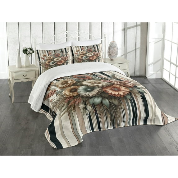 Ambesonne Floral Quilted Bedspread Set 3 Pcs, Vintage Rustic Bloom Lines, Queen Size, Pale Cinnamon and Sage Green