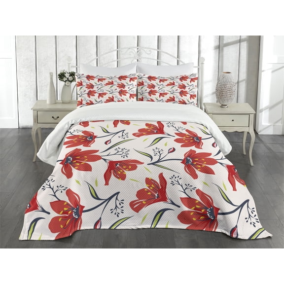 Ambesonne Floral Quilted Bedspread Set 3 Pcs, Vintage Tulip Flowers, Queen Size, Peach Green and Red
