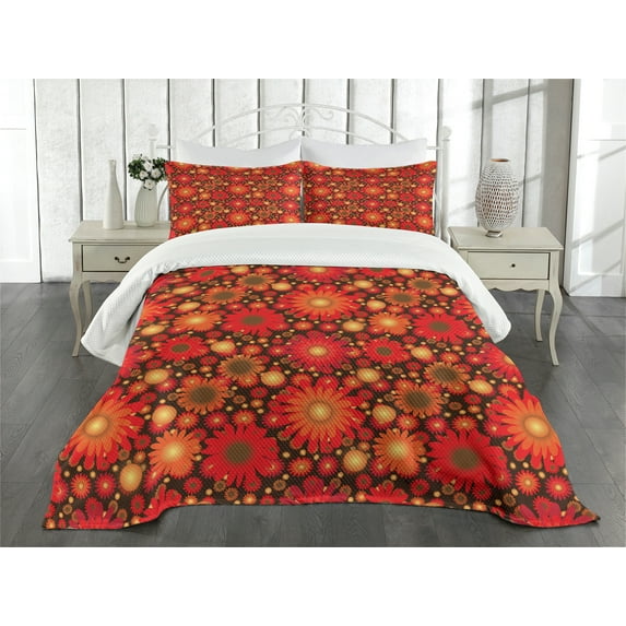 Ambesonne Floral Quilted Bedspread Set 3 Pcs, Vivid Botanical Gerbera Art, Queen Size, Dark Green Vermilion