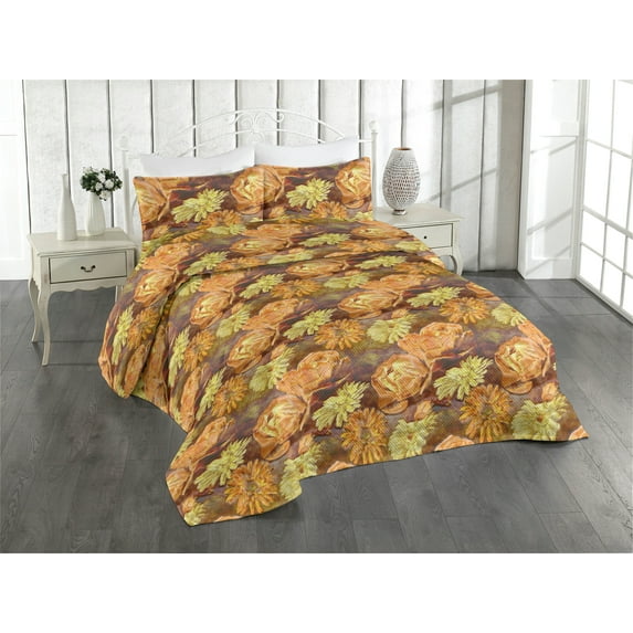 Ambesonne Floral Quilted Bedspread Set 3 Pcs, Warm Tone Nostalgia Flowers, Queen, Mustard Apricot Redwood