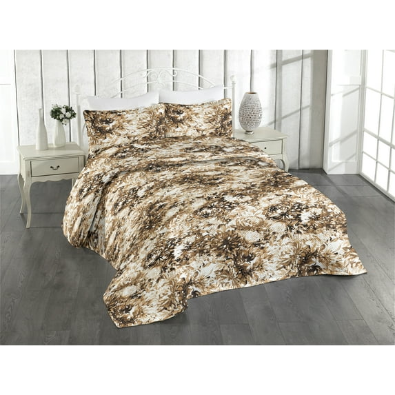 Ambesonne Floral Quilted Bedspread Set 3 Pcs, Watercolor Autumnal Floral, King, Caramel Pale Orange and Umber
