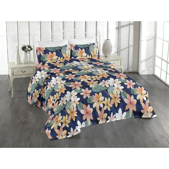 Ambesonne Floral Quilted Bedspread Set 3 Pcs, Watercolor Effect Flowers, King, Navy Blue and Laurel Green
