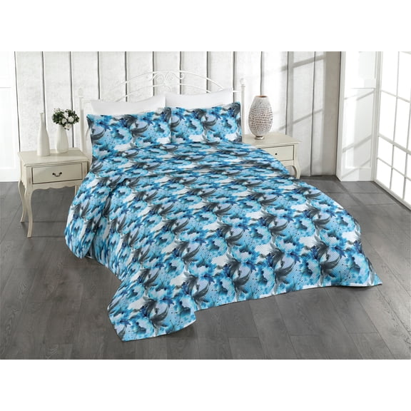 Ambesonne Floral Quilted Bedspread Set 3 Pcs, Watercolor Flower Sketch, Queen, White Soft Blue