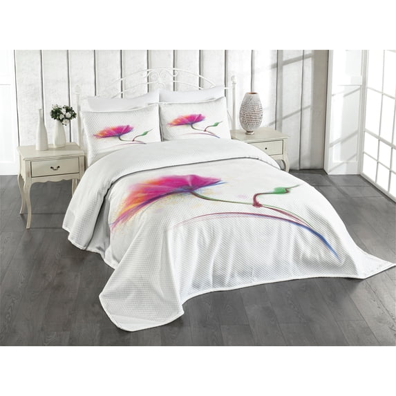 Ambesonne Floral Quilted Bedspread Set 3 Pcs, Watercolor Poppy Flower, King Size, Fuchsia