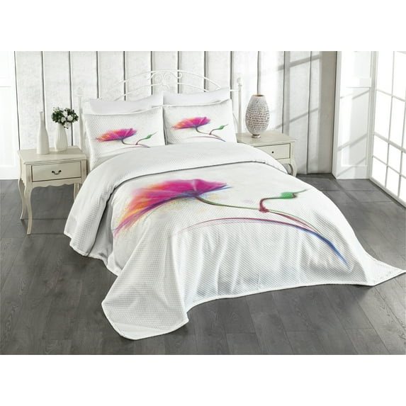Ambesonne Floral Quilted Bedspread Set 3 Pcs, Watercolor Poppy Flower, Queen Size, Fuchsia