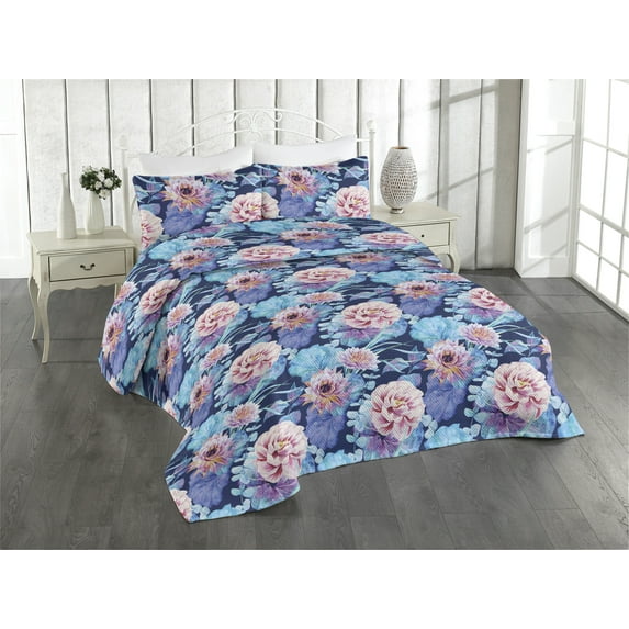Ambesonne Floral Quilted Bedspread Set 3 Pcs, Watercolor Sketchy Flowers, Twin, Dried Rose and Azure Blue