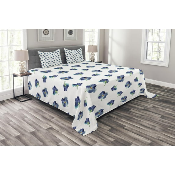 Ambesonne Floral Quilted Bedspread Set 3 Pcs, Watercolor Violet Blooms, King Size, Turquoise Navy Blue