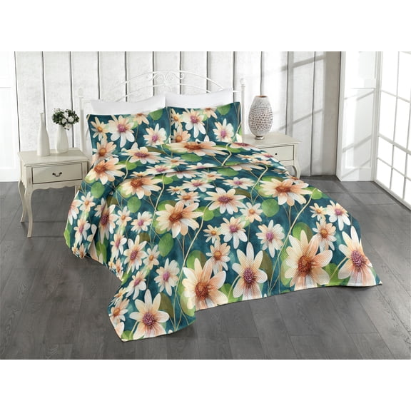 Ambesonne Floral Quilted Bedspread Set 3 Pcs, Waterlily Leaves Art Summer, Twin, Fern Green Peach Teal
