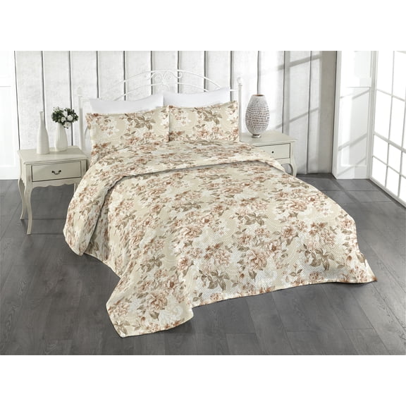 Ambesonne Floral Quilted Bedspread Set 3 Pcs, Weathered Look Roses Pattern, King, Off White and Pale Rose