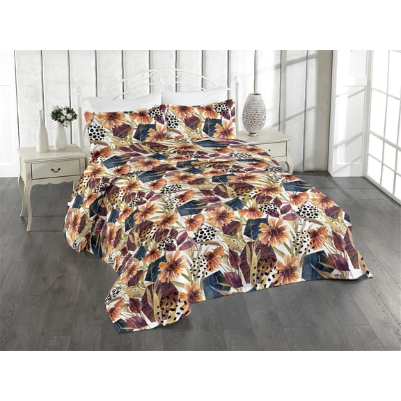 Ambesonne Floral Quilted Bedspread Set 3 Pcs, Wild Flowers Hexagon Forms, Queen, Plum Orange and Dark Blue