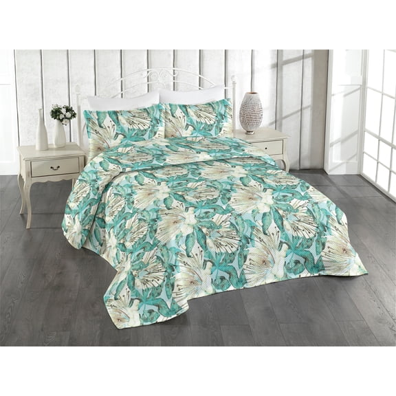 Ambesonne Floral Quilted Bedspread Set 3 Pcs, Wild Nature Forest Flowers, Twin, Ivory Seafoam Turquoise