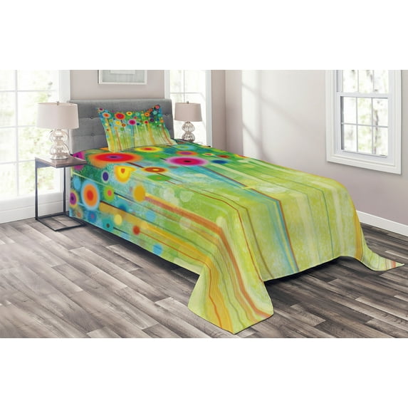 Ambesonne Floral Quilted Coverlet 2 Pcs, Abstract Art Dandelion, Twin Size, Multicolor