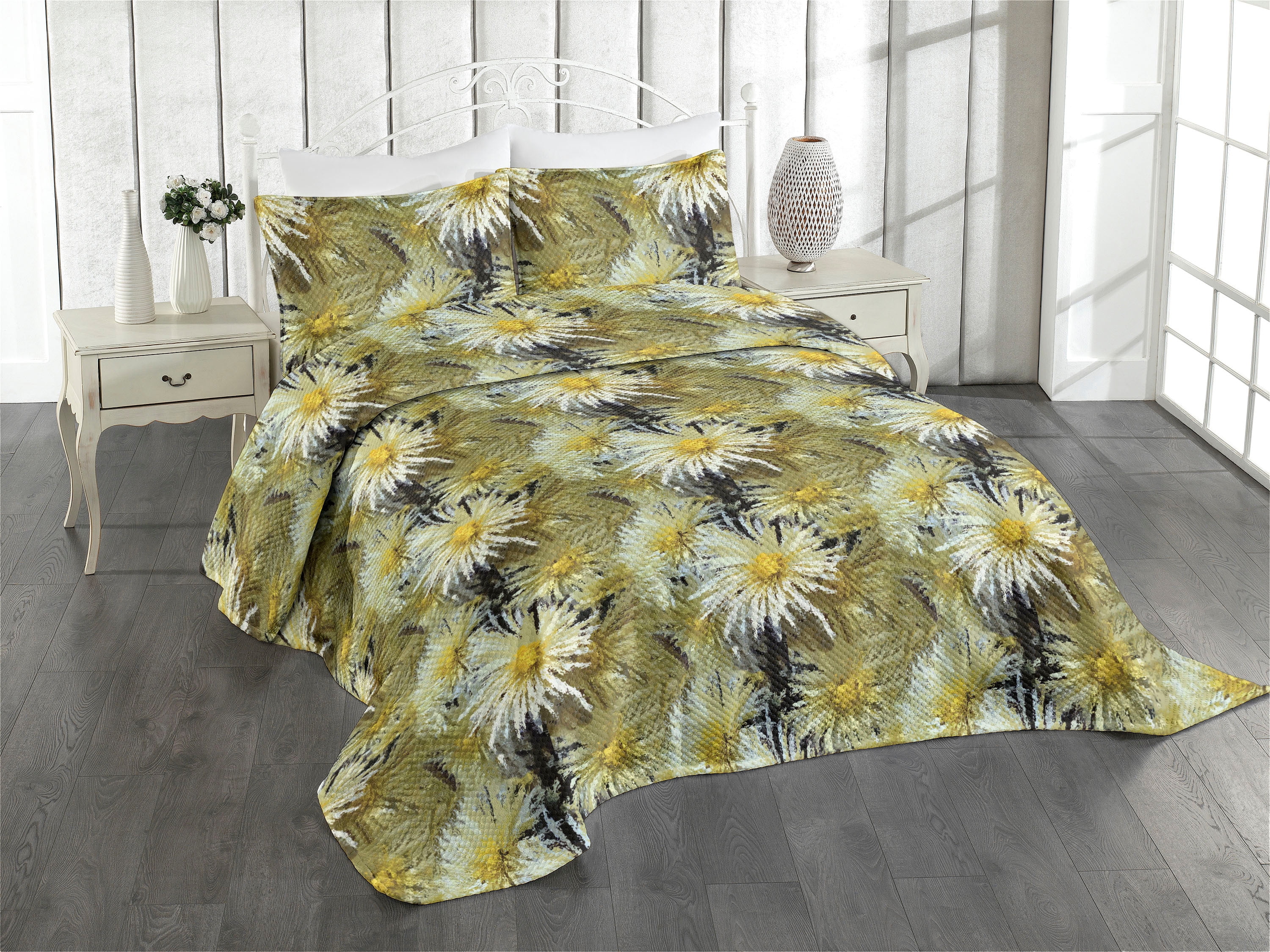 Ambesonne Floral Quilted Coverlet 2 Pcs, Abstract Art Style Asters ...