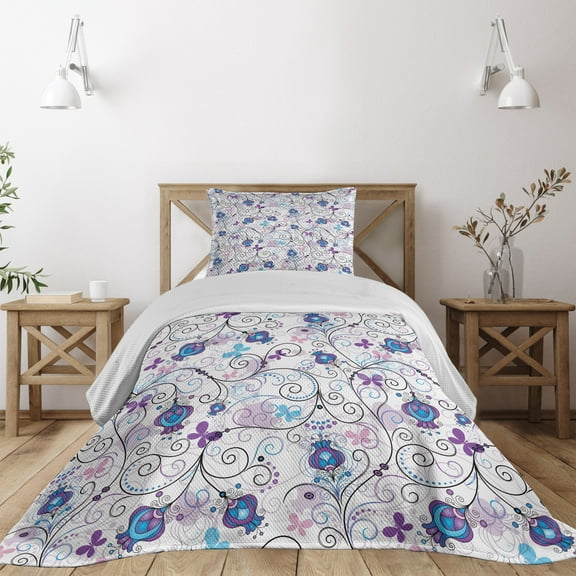 Ambesonne Floral Quilted Coverlet 2 Pcs, Abstract Butterflies Flowers, Twin Size, Multicolor