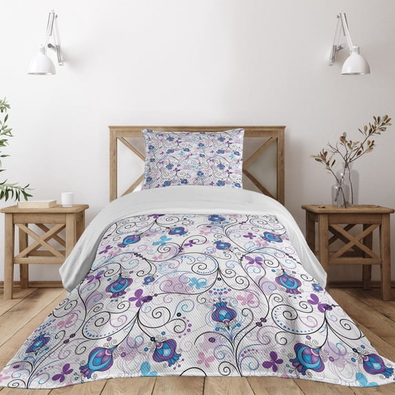 Ambesonne Floral Quilted Coverlet 2 Pcs, Abstract Butterflies Flowers, Twin Size, Multicolor