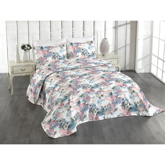 Ambesonne Floral Quilted Coverlet 2 Pcs, Art Abstract Spring Flowers, Twin Size, Rose Blue Grey and Camel