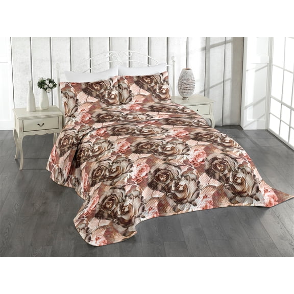Ambesonne Floral Quilted Coverlet 2 Pcs, Art Vintage Pattern of Roses, Twin Size, Cinnamon Brown and Pale Ruby