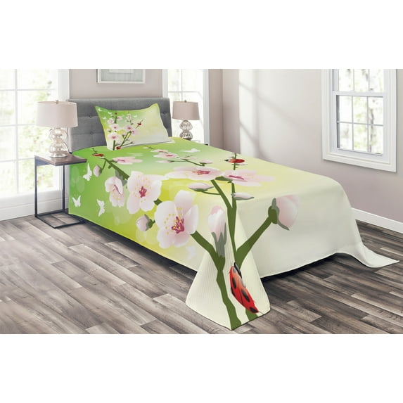 Ambesonne Floral Quilted Coverlet 2 Pcs, Blossoms Ladybugs Spring, Twin Size, Green Pink