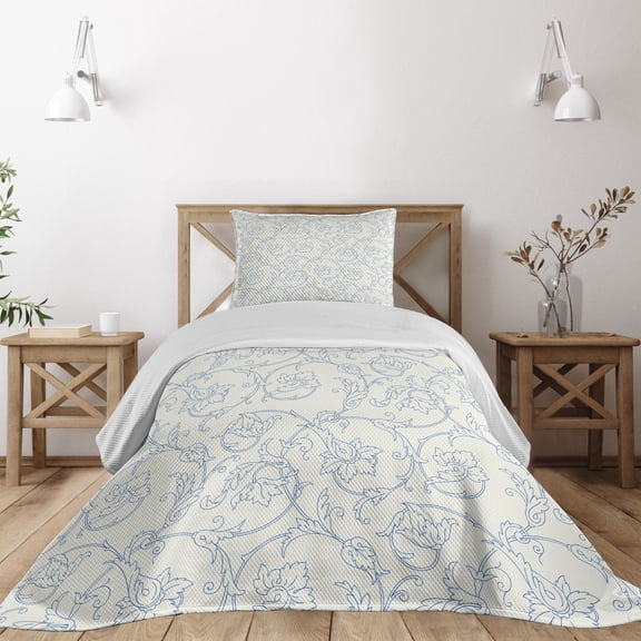 Ambesonne Floral Quilted Coverlet 2 Pcs, Bohemian Vintage Orchids, Twin Size, Cream and Blue