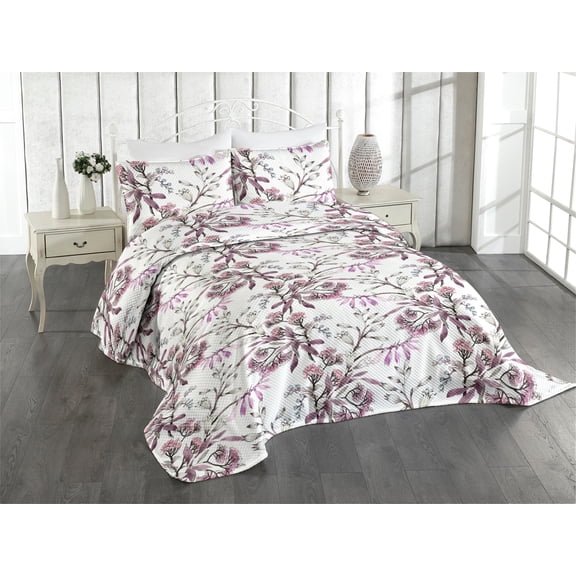 Ambesonne Floral Quilted Coverlet 2 Pcs, Botany Beadow Ornament Print, Twin Size, Eggplant Ivory Lilac