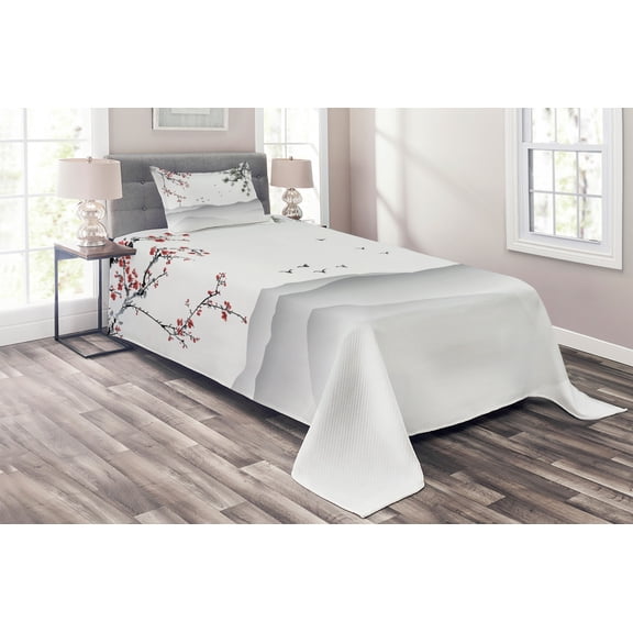 Ambesonne Floral Quilted Coverlet 2 Pcs, Chinese Style Art, Twin Size, Red Green Black