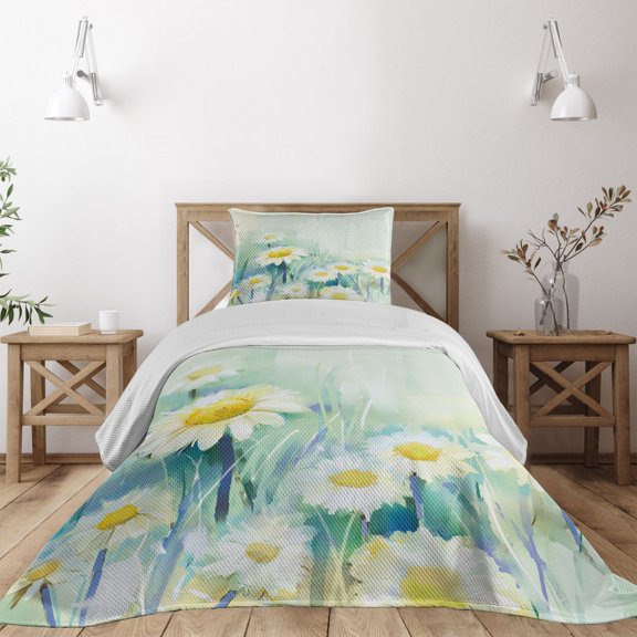 Ambesonne Floral Quilted Coverlet 2 Pcs, Daisy Flower Field Art, Twin Size, Pale Blue White