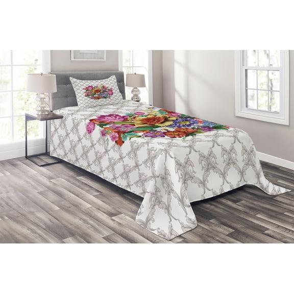 Ambesonne Floral Quilted Coverlet 2 Pcs, Damask Pattern Bouquet, Twin Size, Multicolor