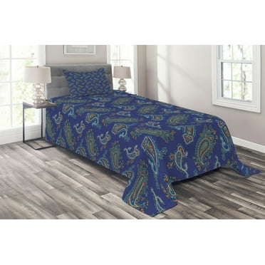 Ambesonne Floral Quilted Coverlet 2 Pcs, Droplet Motif, Twin Size, Dark Blue Green
