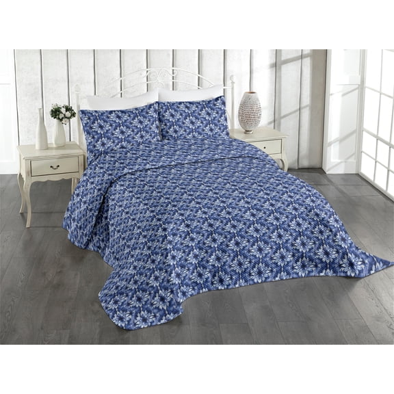 Ambesonne Floral Quilted Coverlet 2 Pcs, Flowering Nature Artwork, Twin Size, Cobalt Blue and Pale Grey