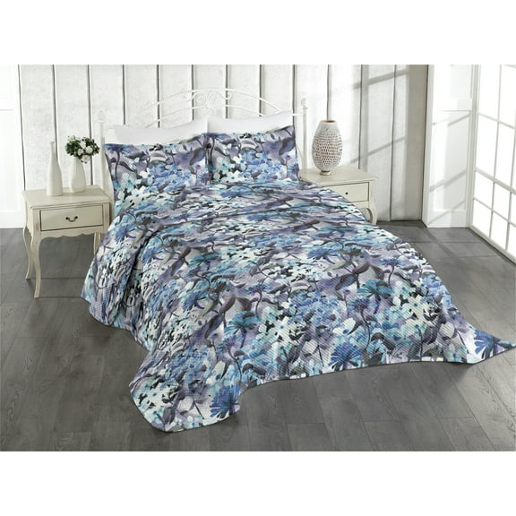 Ambesonne Floral Quilted Coverlet 2 Pcs, Flowers Violet Color Palette, Twin Size, Indigo Pale Blue White