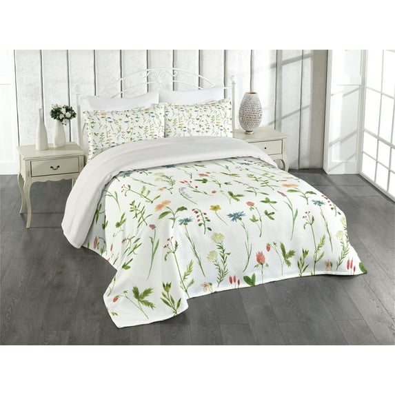 Ambesonne Floral Quilted Coverlet 2 Pcs, Herb Flowers Watercolors, Twin Size, Multicolor