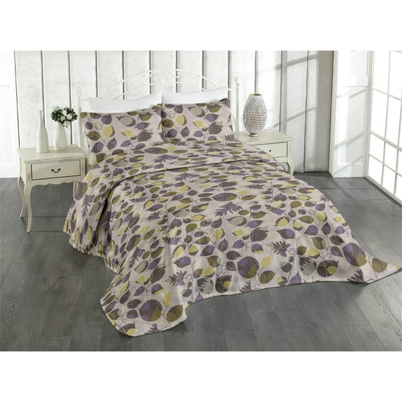 Ambesonne Floral Quilted Coverlet 2 Pcs, Leaves with Colorful Blots, Twin Size, Fawn and Pale Eggplant