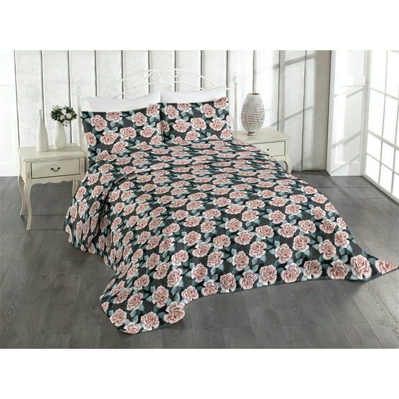 Ambesonne Floral Quilted Coverlet 2 Pcs, Night Forest Rose Blossoms, Twin Size, Dark Teal Blush