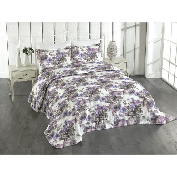 Ambesonne Floral Quilted Coverlet 2 Pcs, Nostalgic Meadow Pattern Art, Twin Size, Rose Lavender and Sage Green