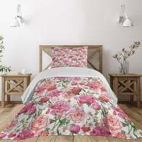 Ambesonne Floral Quilted Coverlet 2 Pcs, Peonies and Roses, Twin Size, White Pink Blush