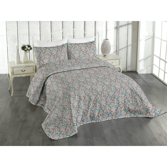 Ambesonne Floral Quilted Coverlet 2 Pcs, Petals and Leafy Branches, Twin Size, Warm Taupe Soft Blue