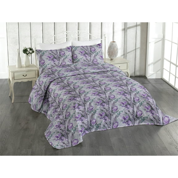 Ambesonne Floral Quilted Coverlet 2 Pcs, Retro Meadow Bloom Leaves, Twin Size, Violet Mauve and Grey Teal