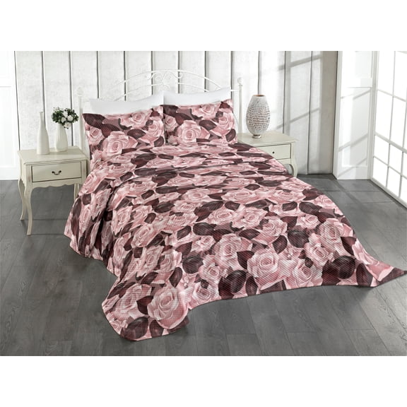 Ambesonne Floral Quilted Coverlet 2 Pcs, Romance Painting Roses Print, Twin Size, Dark Maroon Pale Pink