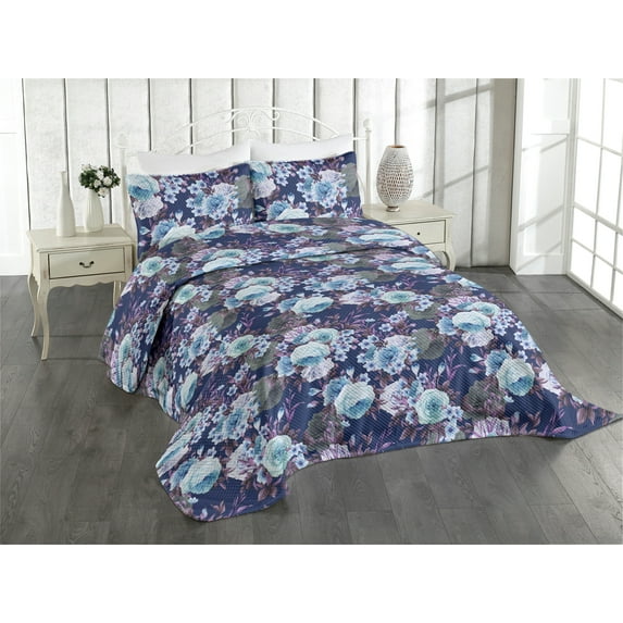 Ambesonne Floral Quilted Coverlet 2 Pcs, Roses Flowers Leaves Plot, Twin Size, Dark Violet Blue and Mauve