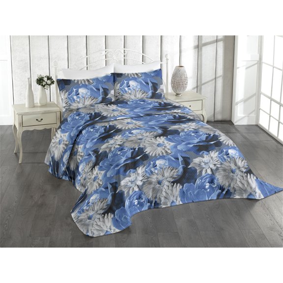 Ambesonne Floral Quilted Coverlet 2 Pcs, Roses and Gerbera Art Garden, Twin Size, Azure Blue and Pale Grey