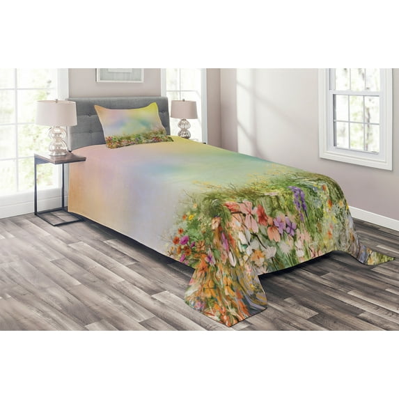 Ambesonne Floral Quilted Coverlet 2 Pcs, Spring Flower Nature, Twin Size, Multicolor